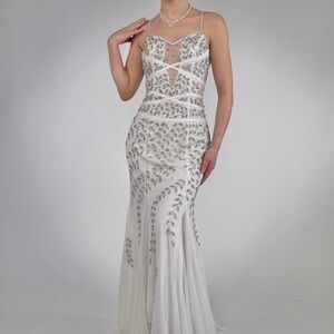 Cache White and Silver Embellished Prom Dress